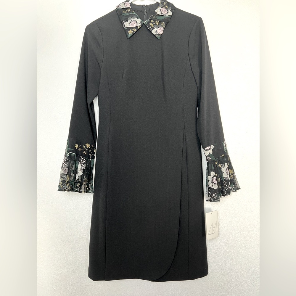 NWT Mikael Aghal Formal Embroidered Collar and Sleeve black midi dress, size 2